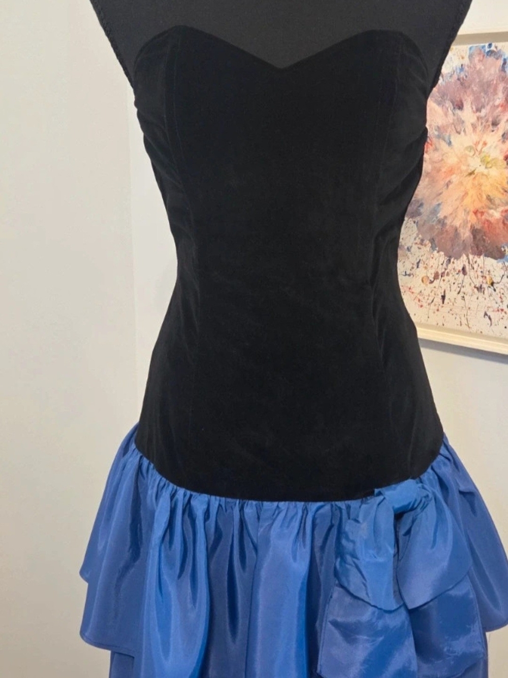 Black Velvet & Royal Blue Ruffled Dress- Women's Evening Dress